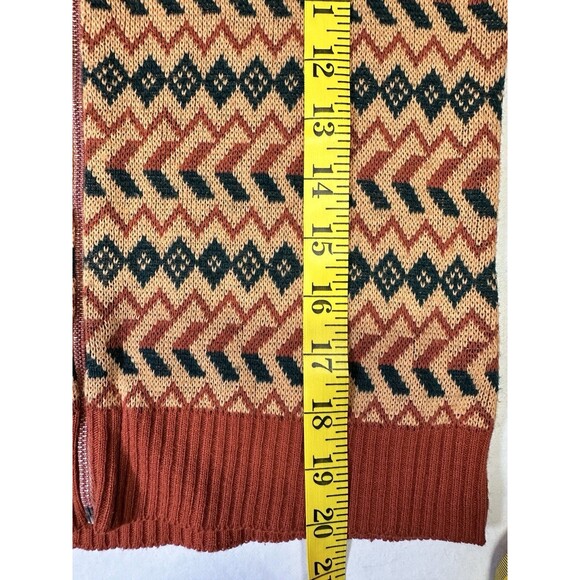 Vintage 70s Geometric Knit Wool Zip Cardigan Sweater Orange Black Chevron - Picture 7 of 7